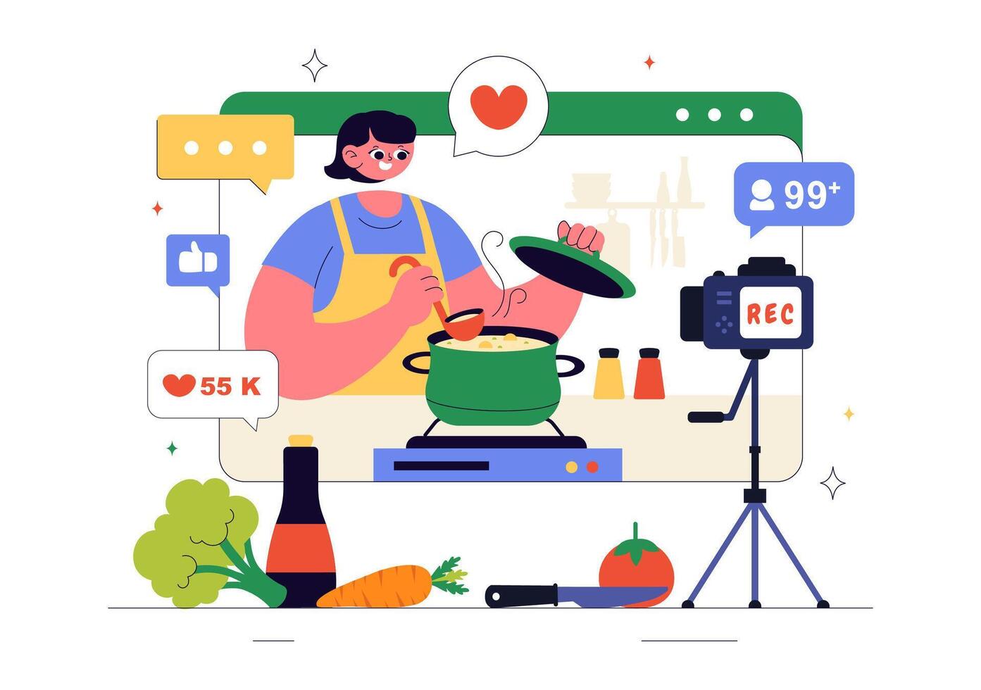 Young Food Bloggers Making Cooking Vlog for Social Media in Flat Style vector