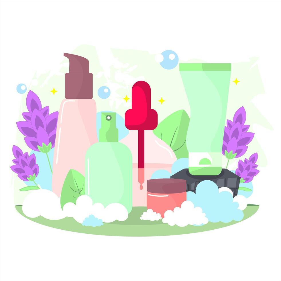 Natural Skincare Product Set Illustration with Floral and Leaf Elements vector