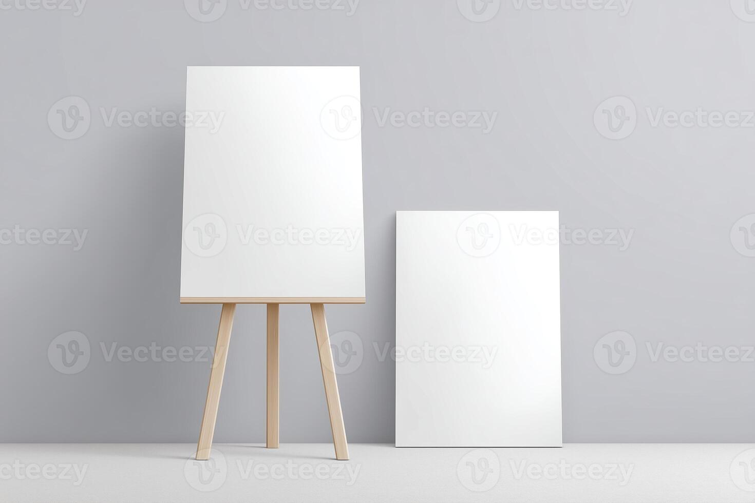 Blank canvas on easel and flat surface, showcasing minimalistic design elements, perfect for mock up presentations and creative projects with copy space for text or graphics photo