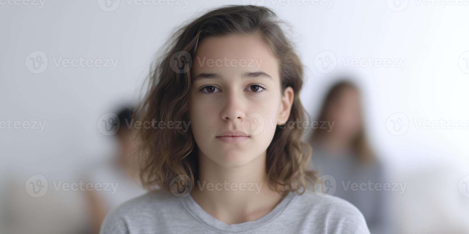Young girl with curly hair is gazing directly at the camera, surrounded by blurred figures in the background, conveying a sense of introspection and emotional depth photo