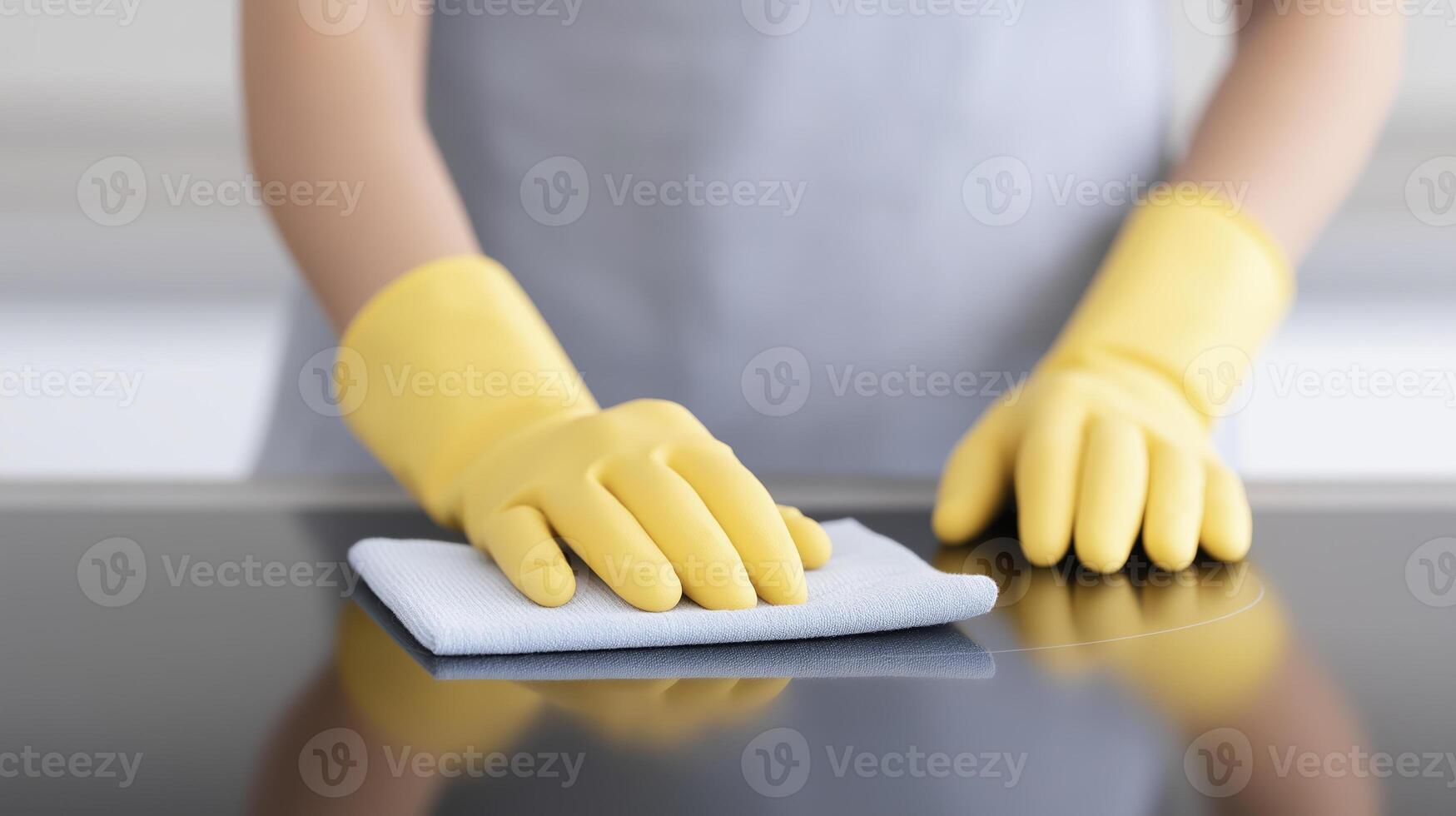 Person wearing yellow rubber gloves is cleaning a smooth surface with a microfiber cloth, showcasing effective cleaning techniques and attention to detail in a bright environment photo