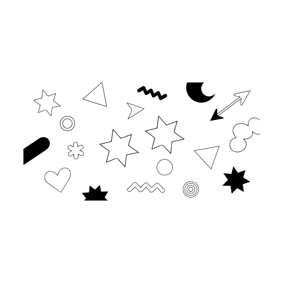 A black and white image of various shapes and stars vector