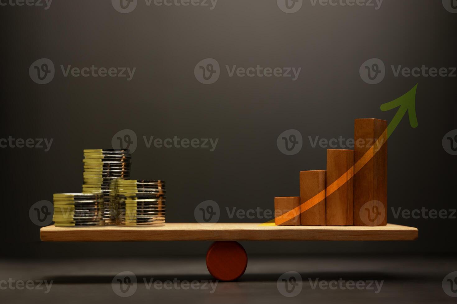 Growth Investment concept with Coin money Stack and Wooden balanced on a scale, representing financial and Profitable portfolio, and wealth accumulation through strategic photo