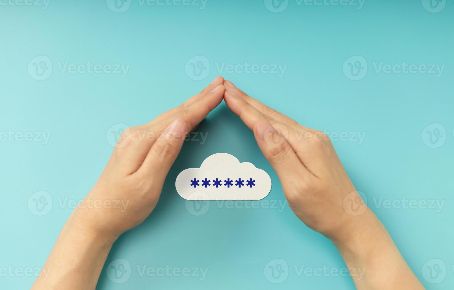 Hands shielding password on cloud symbol, representing Cybersecurity, data privacy, and online protection. Top View photo