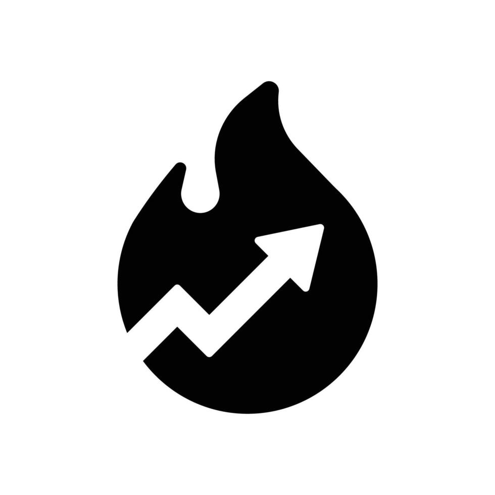 Trending Now Glyph Icon. Solid Fire and Up Arrow Icon Representing Viral Growth, Hot Trend, and Market Popularity in Black Silhouette for Business and Digital Buzz vector