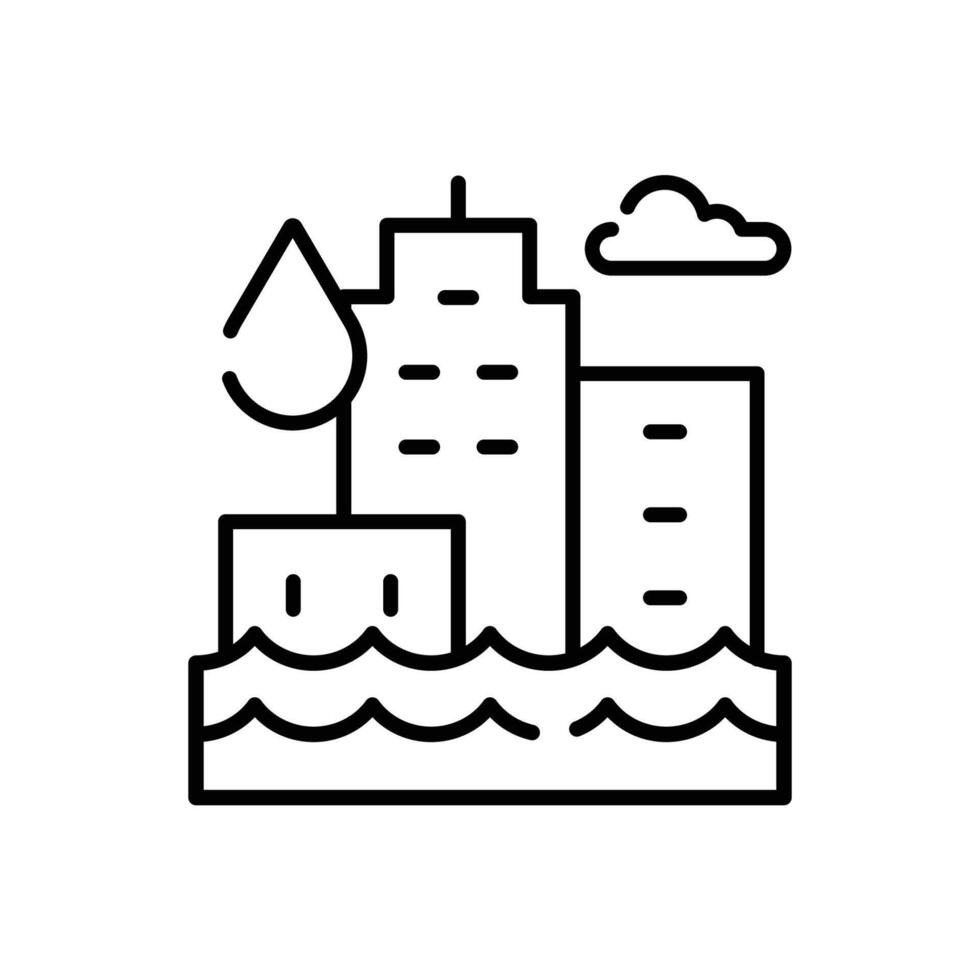 Flooded City Icon. Outline Style. Thin Line Symbol of Climate Anxiety, Urban Flood, Water Disaster, and Global Warming Impact on Coastal Environments. vector