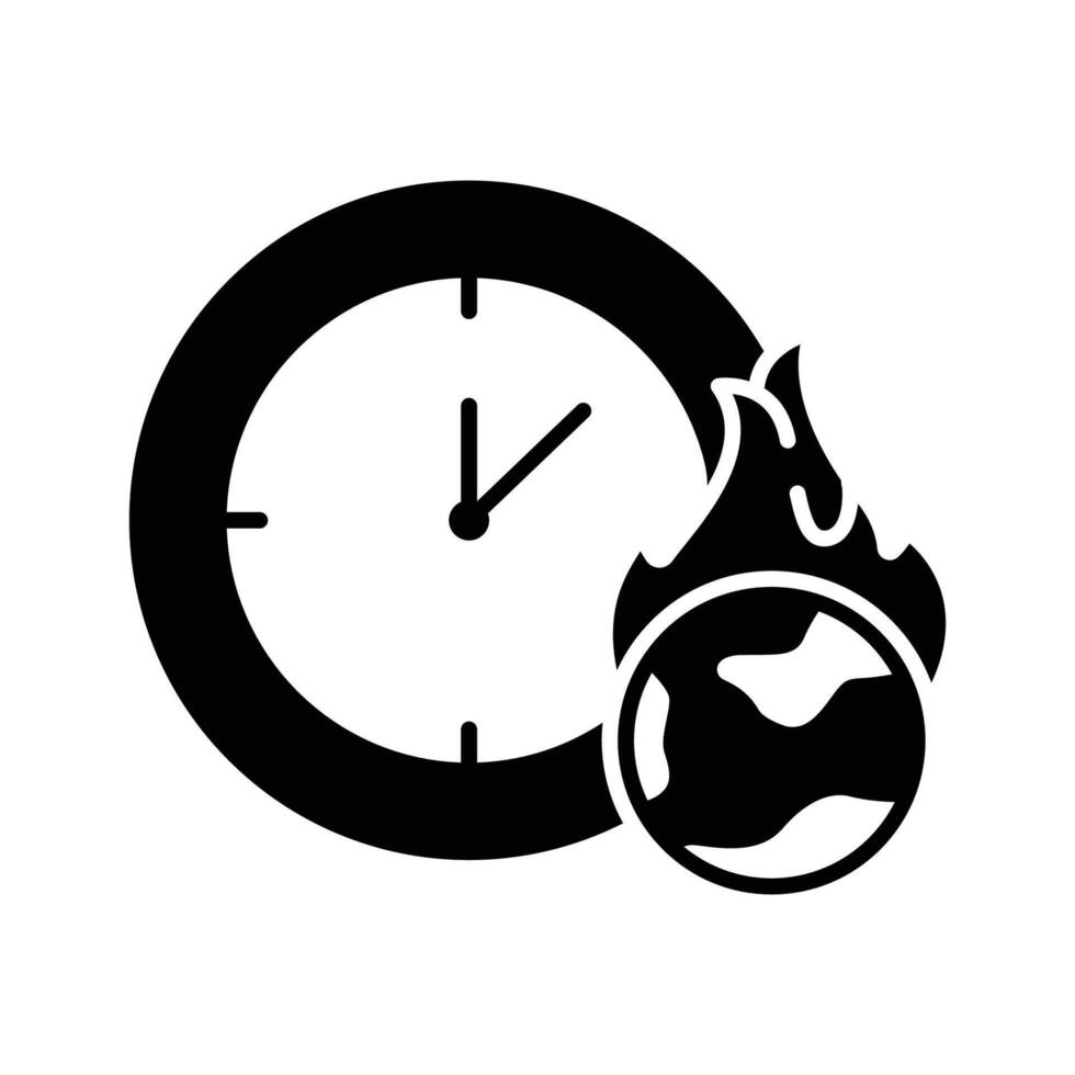 Burning Earth Clock Glyph Icon. Solid Style. Climate Anxiety Symbol of Global Warming, Crisis, Environmental Danger, and Urgent Climate Countdown in Black Silhouette. vector