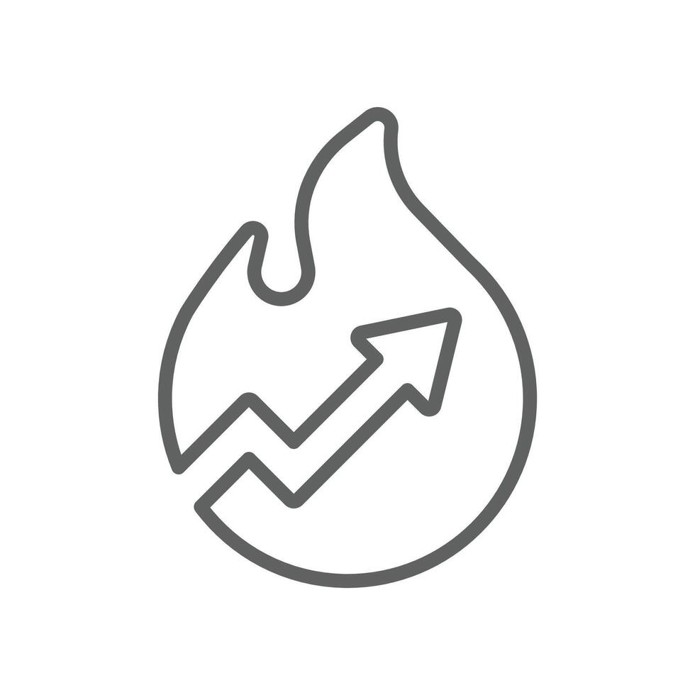Trending Now Editable Stroke Icon. Outline Fire and Up Arrow Icon Representing Viral Trend, Hot Growth, and Popular Data in Thin Line Style for Business, Marketing, and Digital Media vector