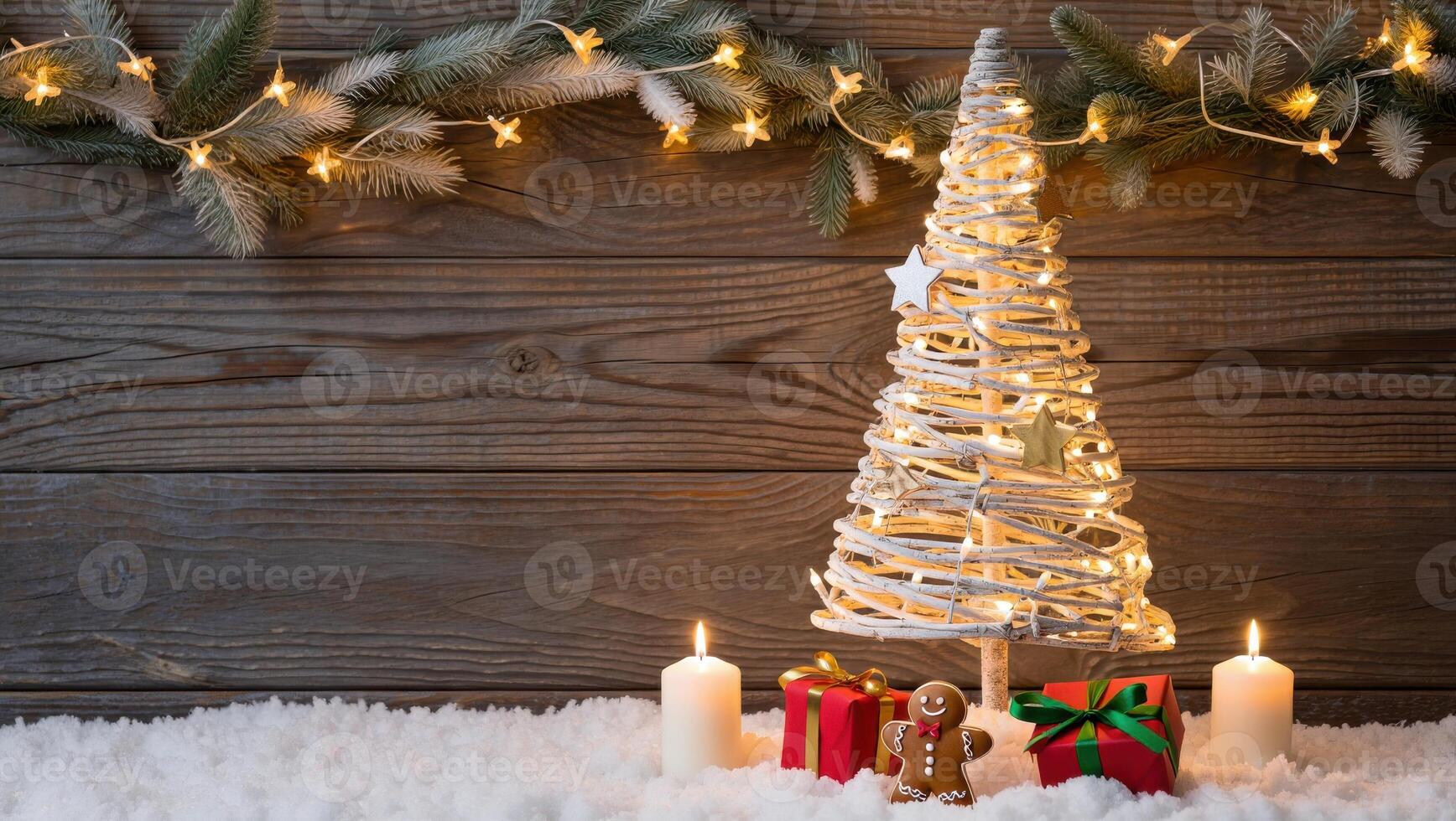 Festive Christmas Still Life with Wicker Tree Presents Candles Gingerbread Man and Snowy Background photo