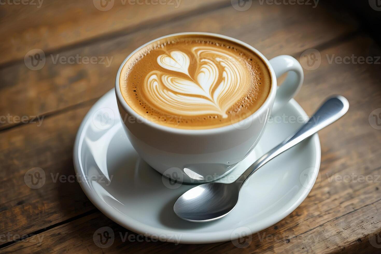 Close up of Latte Art in White Cup on Saucer with Spoon on Wood photo