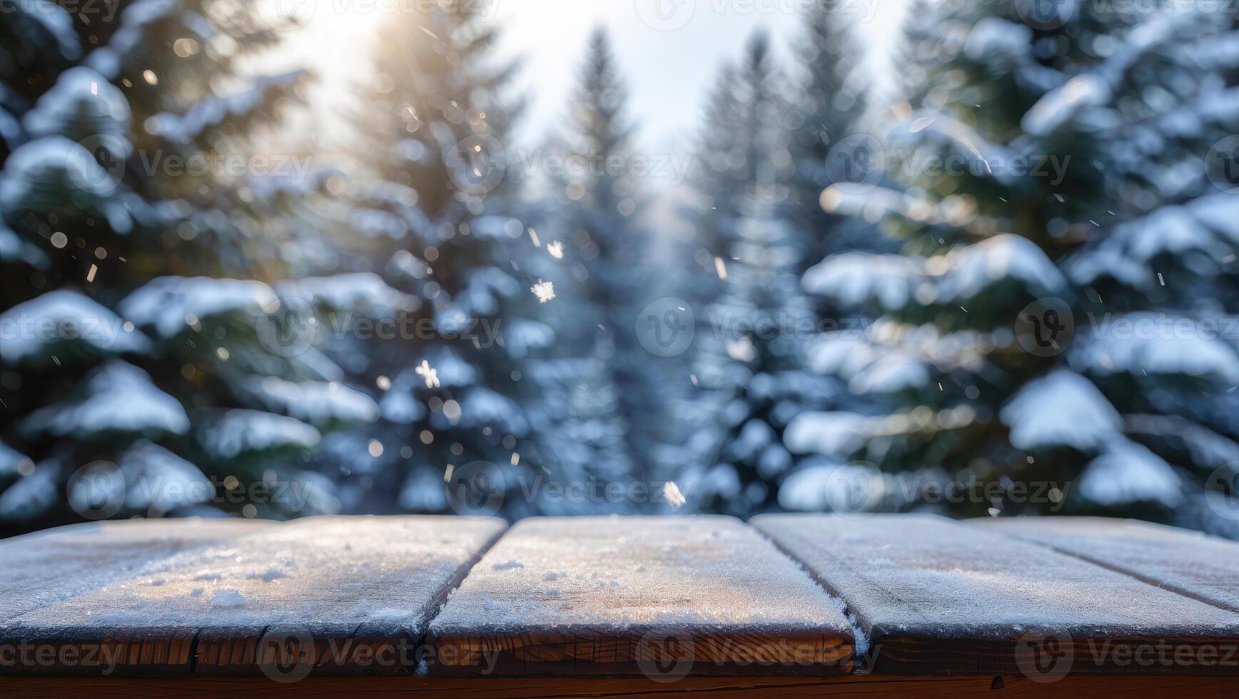 Snowy Wooden Tabletop Overlooking a Blurred Winter Forest with Falling Snowflakes and Soft Sunlight photo