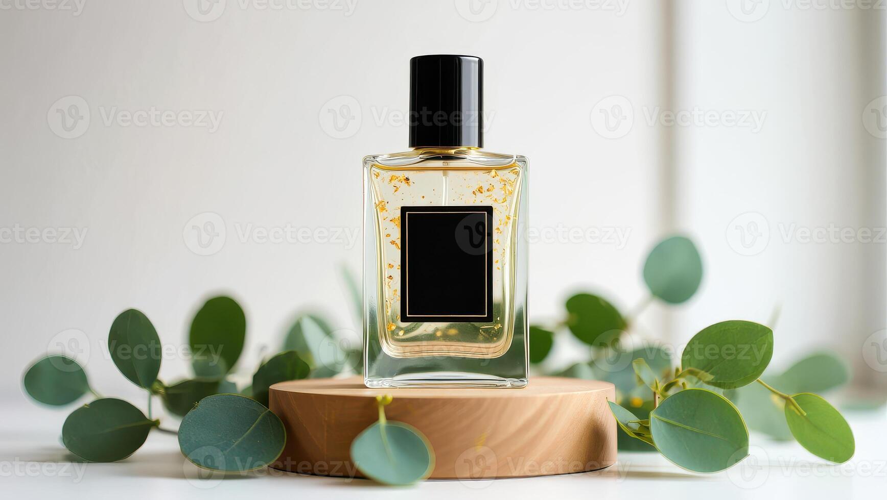 Elegant Perfume Bottle with Gold Flakes on Wooden Stand Surrounded by Eucalyptus Leaves clear photo