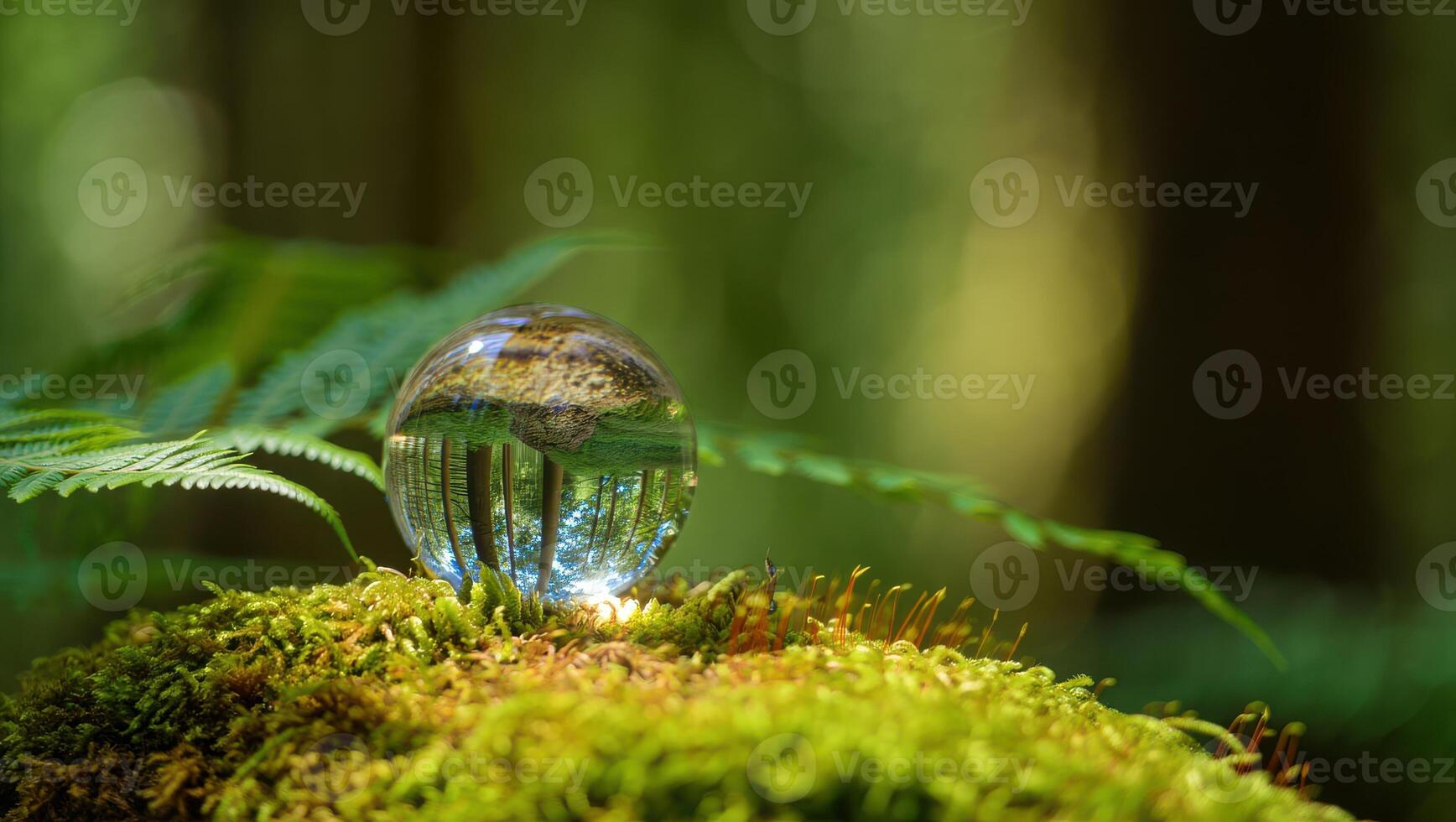 Forest Through a Lens Crystal Ball on Moss Reflecting Trees and Sky in Nature photo