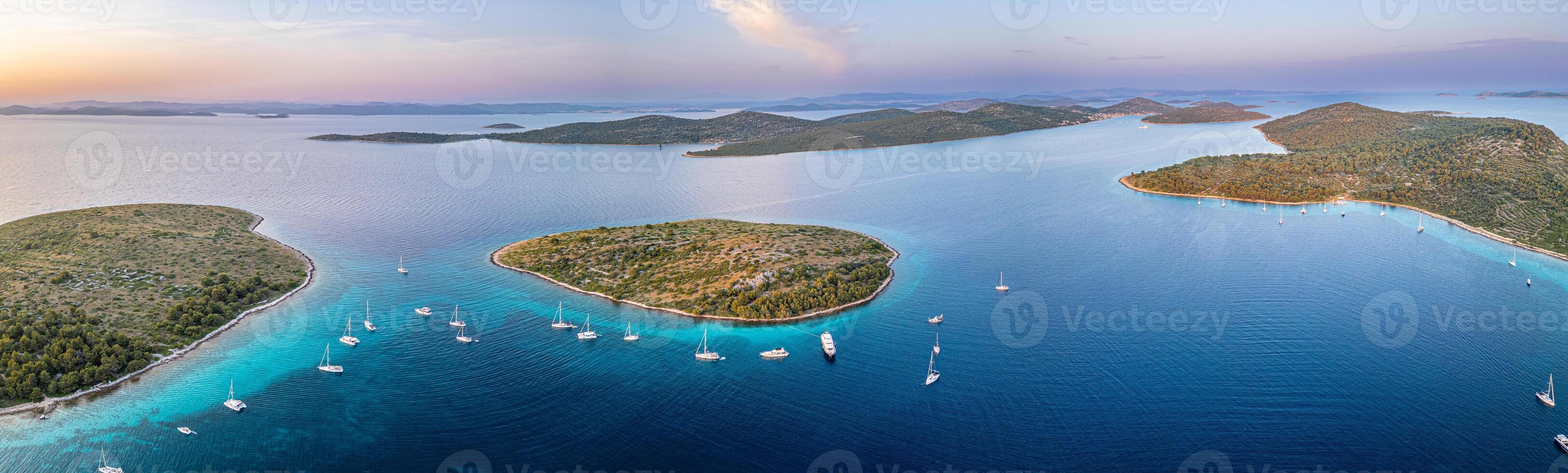 Sunset drone panorama adriatic sea. Sailing, boat yacht place in croatia photo