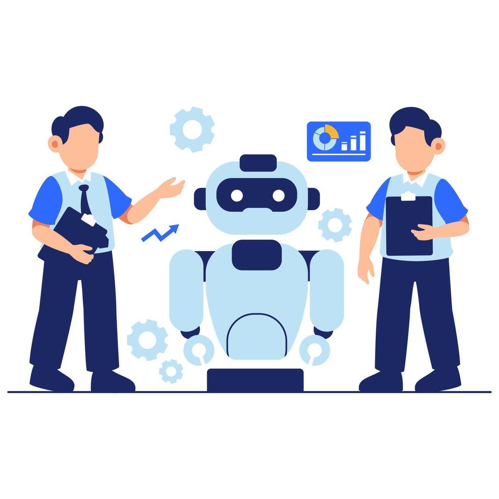 Business professionals collaborate with an intelligent robot in a tech driven modern workspace environment vector