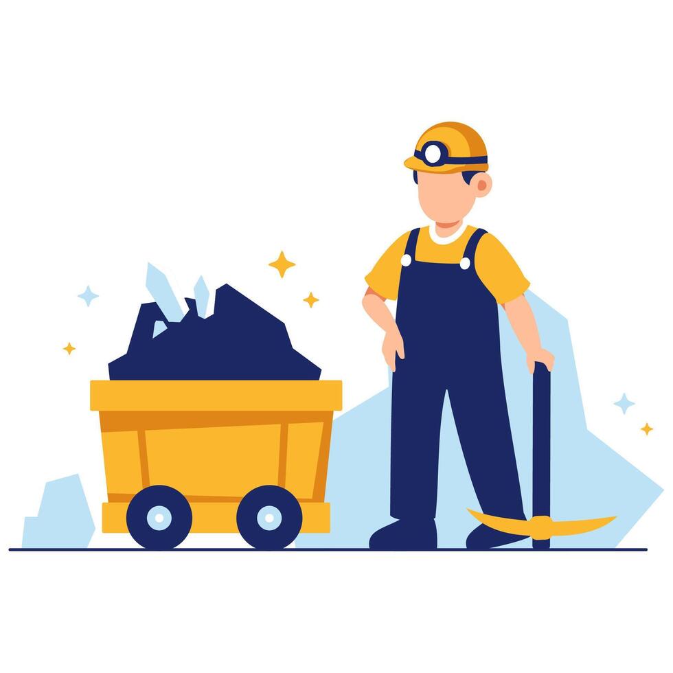 Illustration of a cheerful miner beside a cart full of colorful gems, ready for a mining adventure underground. vector