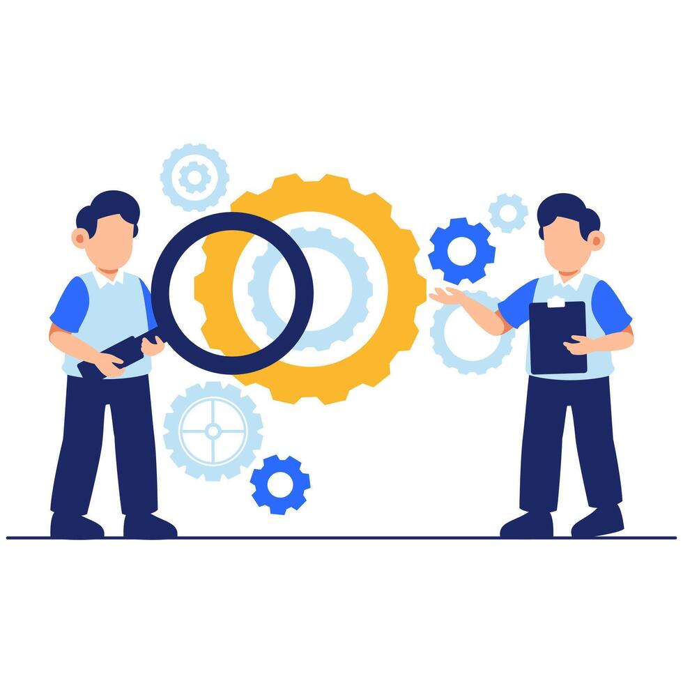 Two engineers engage in a discussion while analyzing gears and tools, symbolizing teamwork, creativity, and problem-solving in engineering vector