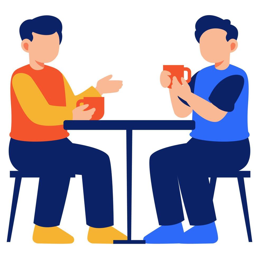 Two Friends Enjoying Coffee Together at a Table in a Cozy Modern Setting vector