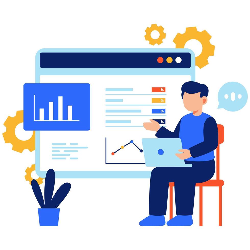 Illustration of Data Analytics with Charts and Graphs in a Modern Digital Workspace vector