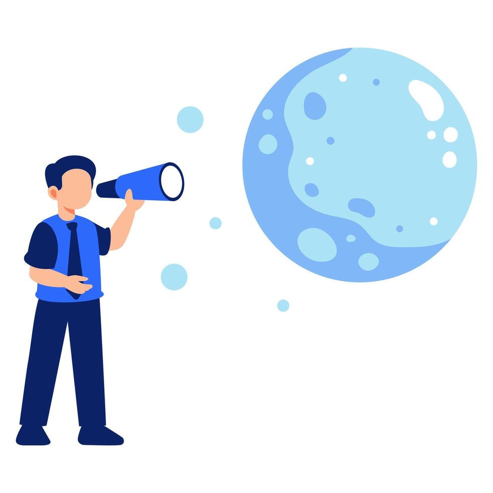 Curious person gazing at a cartoon moon through a telescope under a dreamy night sky full of imagination vector