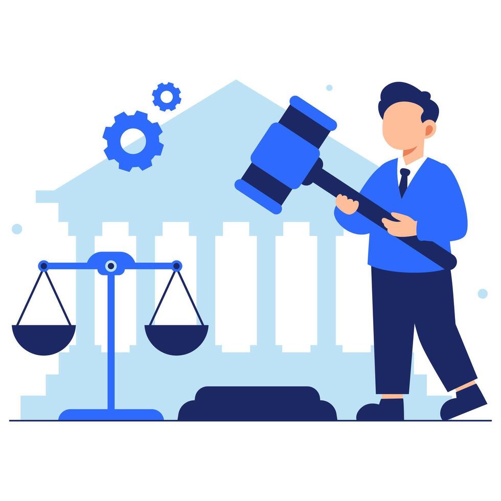 Confident lawyer presenting justice with a gavel in hand standing proudly before a court background vector