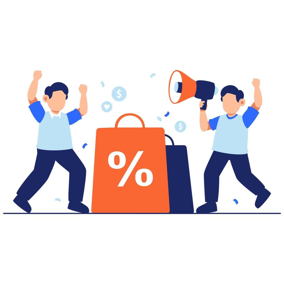 Two cheerful shoppers celebrate a big sale, holding shopping bags and announcing discounts with a megaphone vector