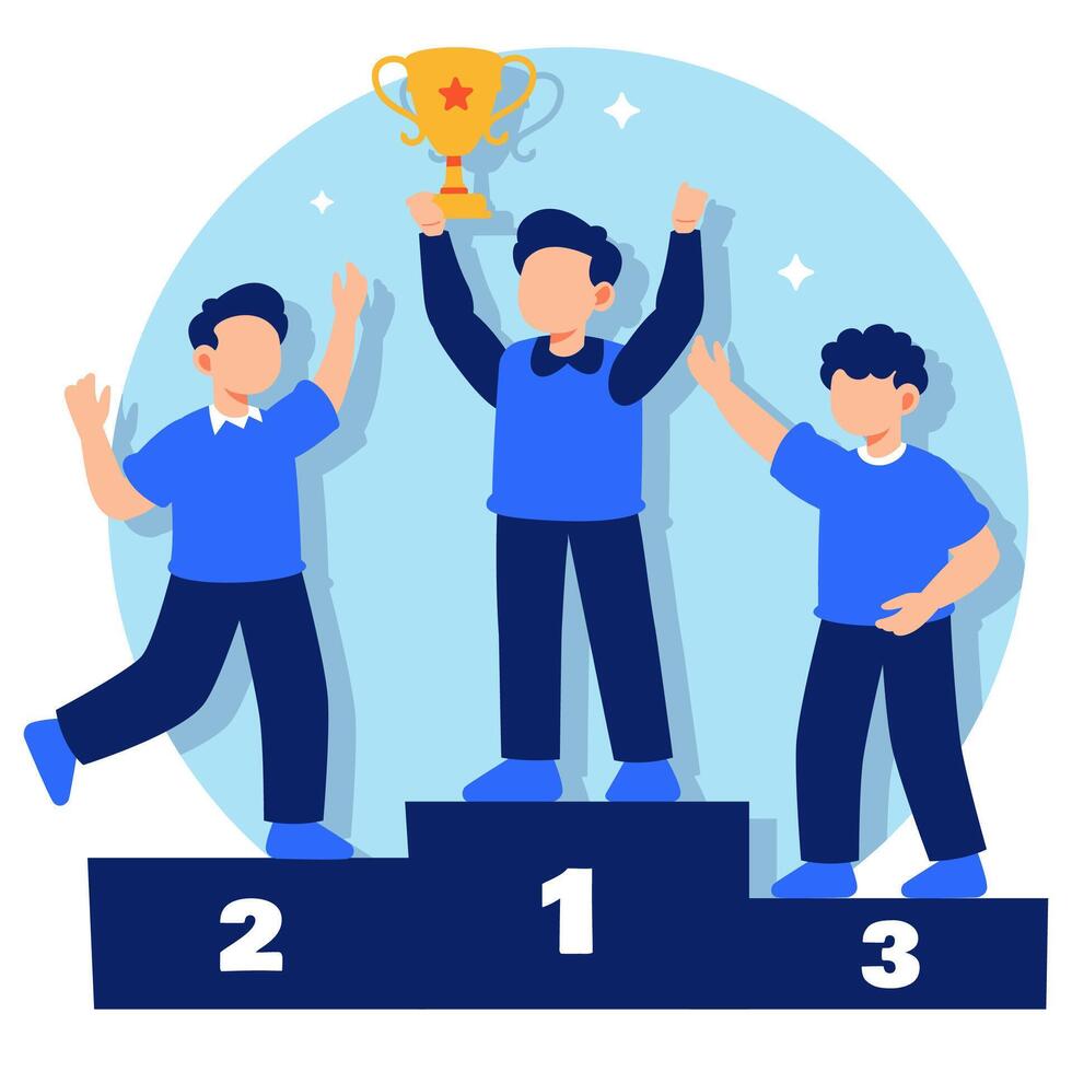 Celebrating victory with joyful friends on a podium holding a trophy in a bright fun and cheerful atmosphere vector