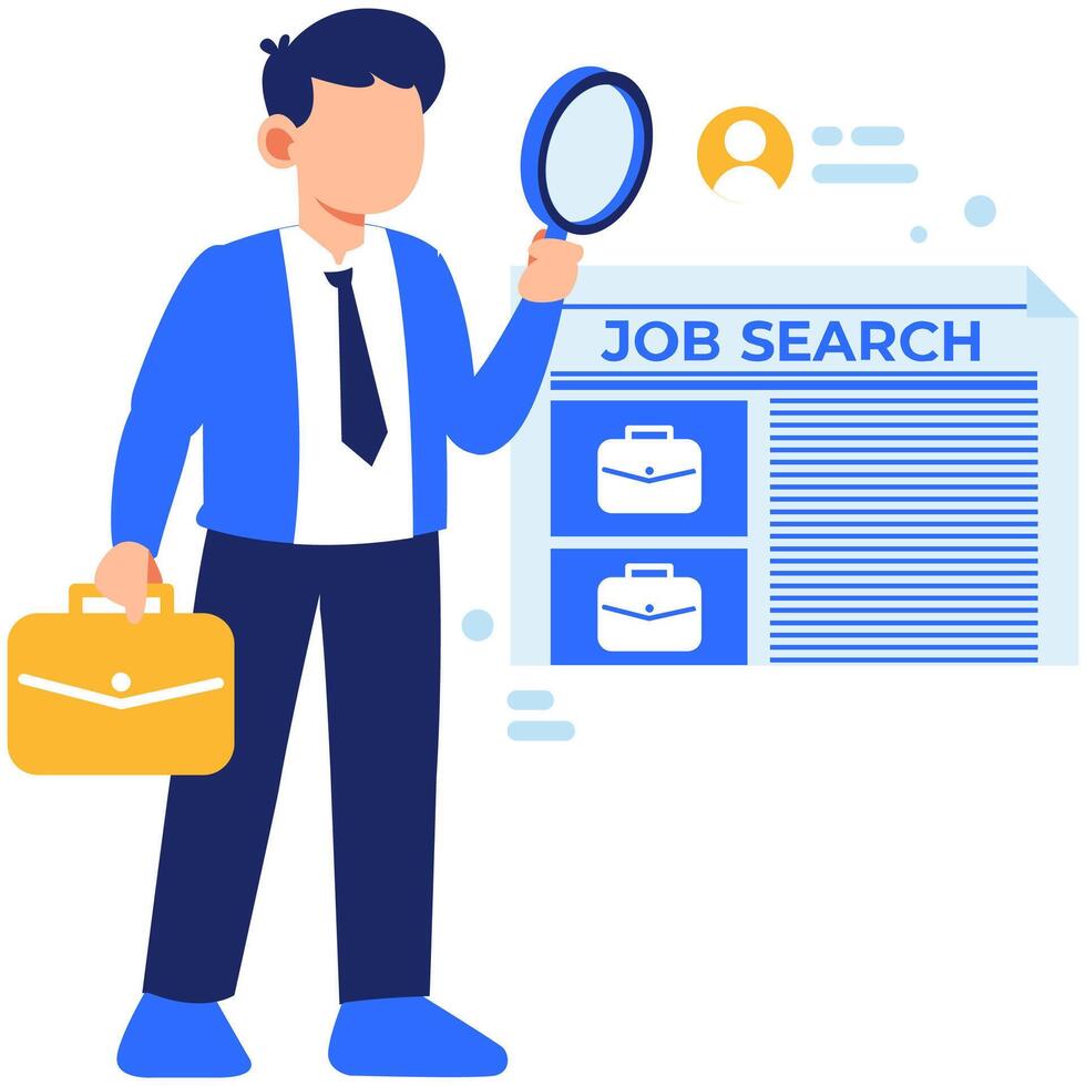 Professional job seeker examining new career opportunities using a magnifying glass with focus and determination for success vector
