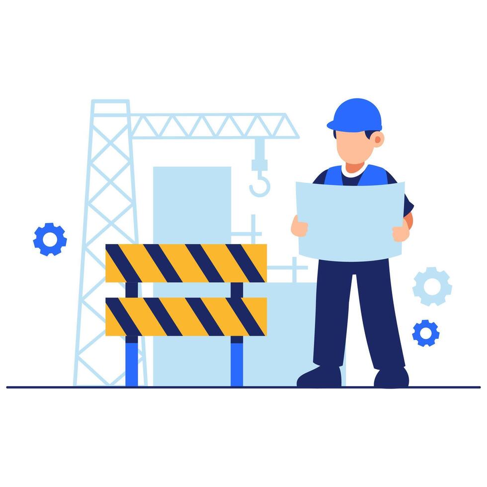 Construction Worker Reviewing Blueprints at an Active Building Zone vector