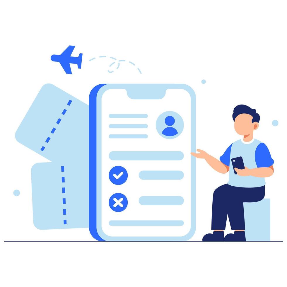 Modern Traveler Booking Flight Ticket Using Smartphone with Travel Icons vector