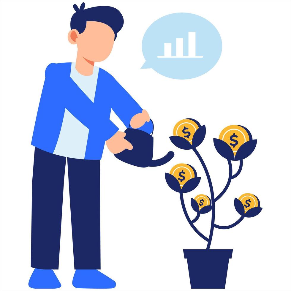 Business Growth and Financial Investment Concept with Person Watering Dollar Plant in a Clean, Modern Flat Design vector