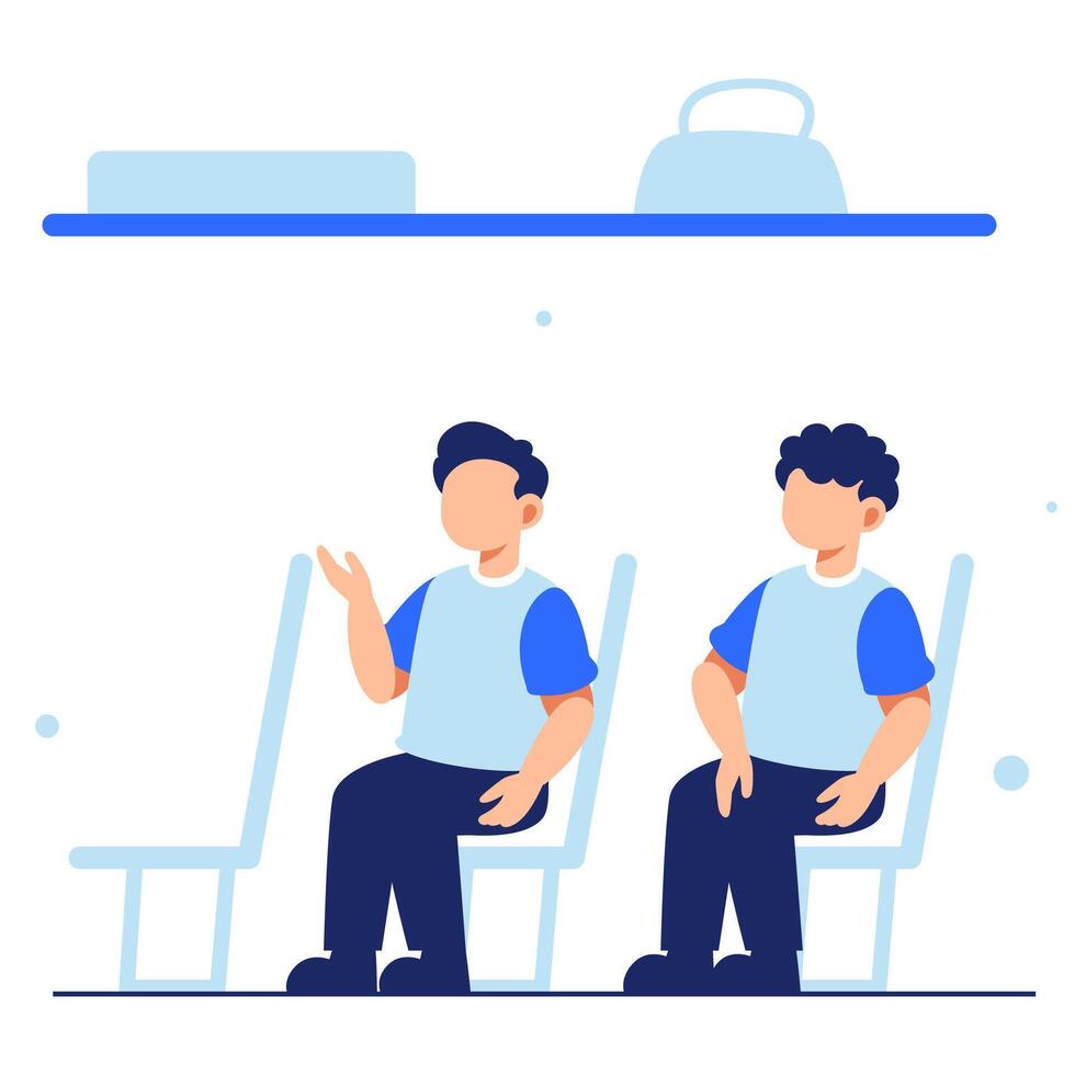 Two young men sitting and chatting casually inside a modern train carriage, capturing a relaxed travel moment together vector
