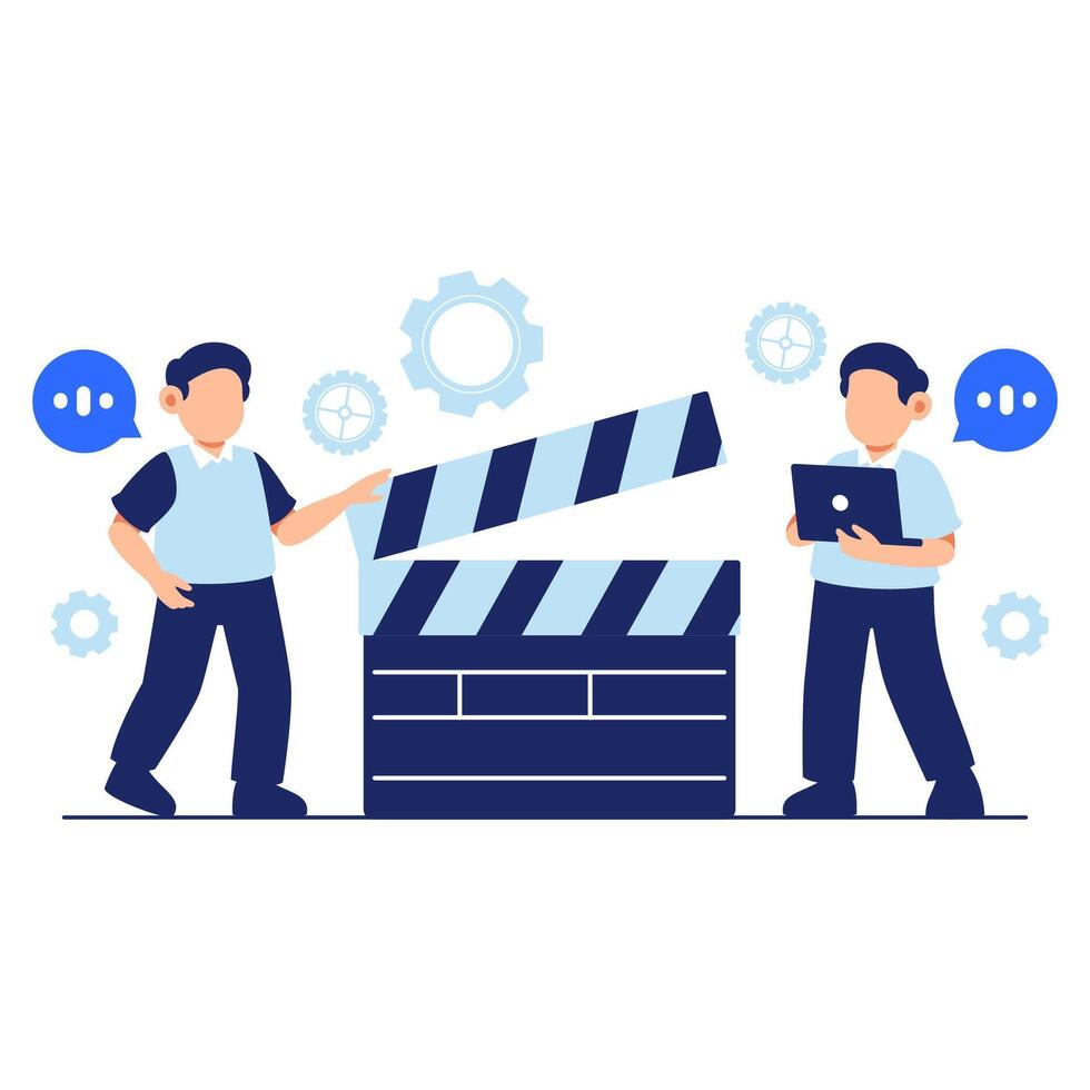 Film Production Collaboration with Clapperboard and Gear Icons in Creative Workspace vector