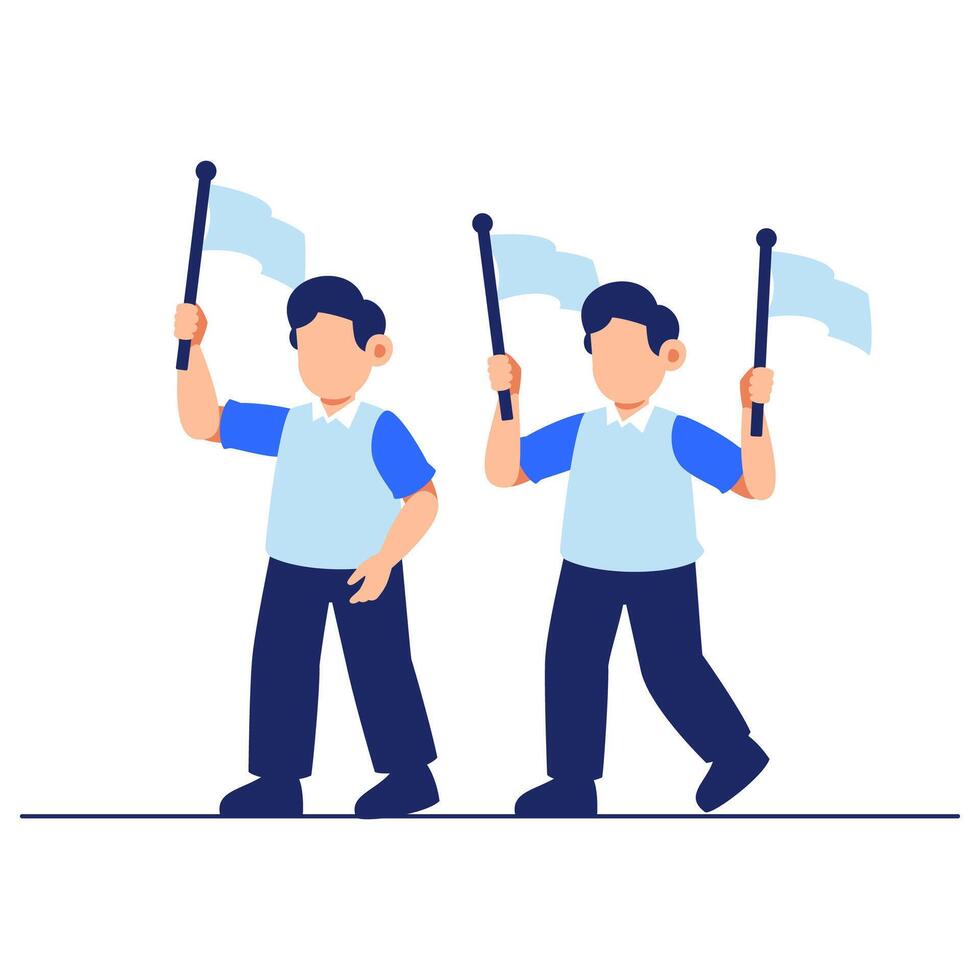 Two persons waving light blue flags with joy showing unity teamwork and youthful celebration in a lively outdoor environment vector