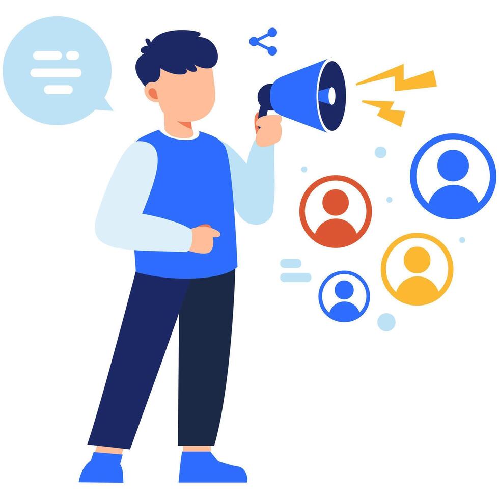 Dynamic marketing communication visual featuring a megaphone and audience icons to represent engagement, outreach, and brand promotion vector