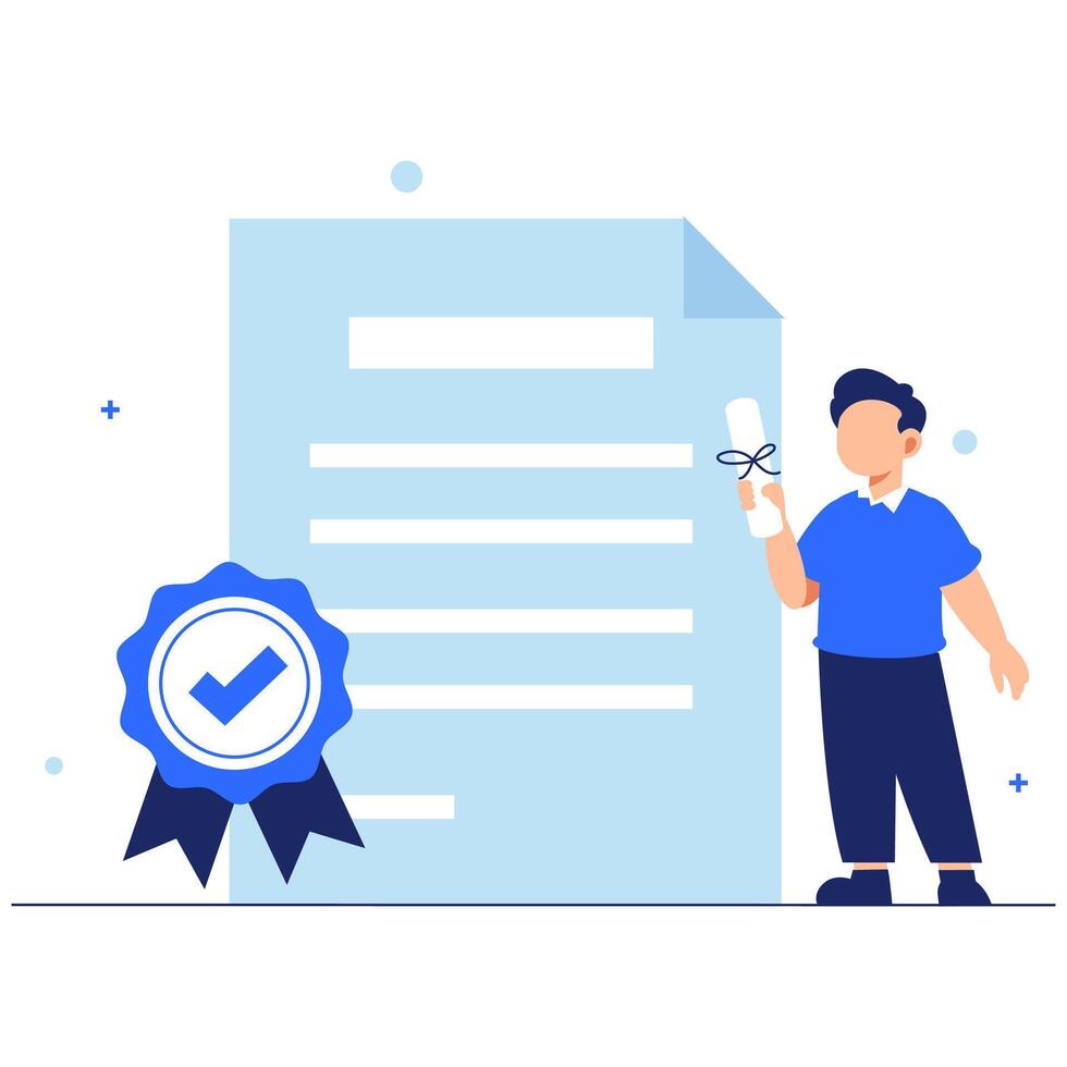 Proud Graduate Holding Certificate with Blue Ribbon and Document vector