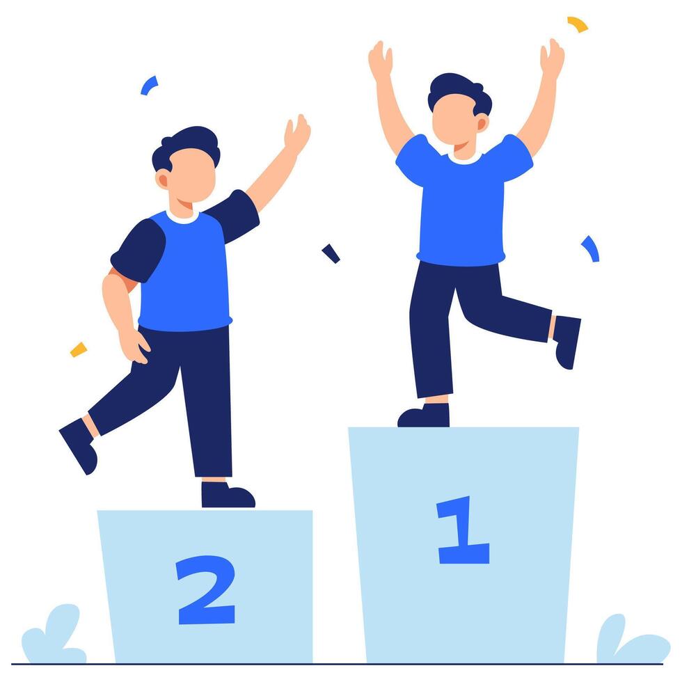 Two joyful boys standing on podiums with confetti flying around to celebrate success and youthful competition vector