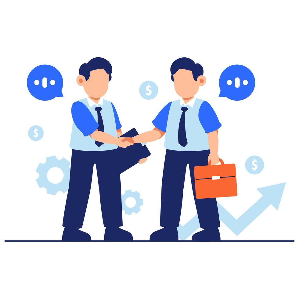 Two business professionals shake hands confidently with various business icons in the background, representing partnership, strategy, and success vector