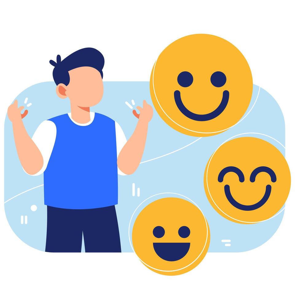 Joyful young person experiencing peace and happiness surrounded by positive elements to reduce stress and anxiety vector