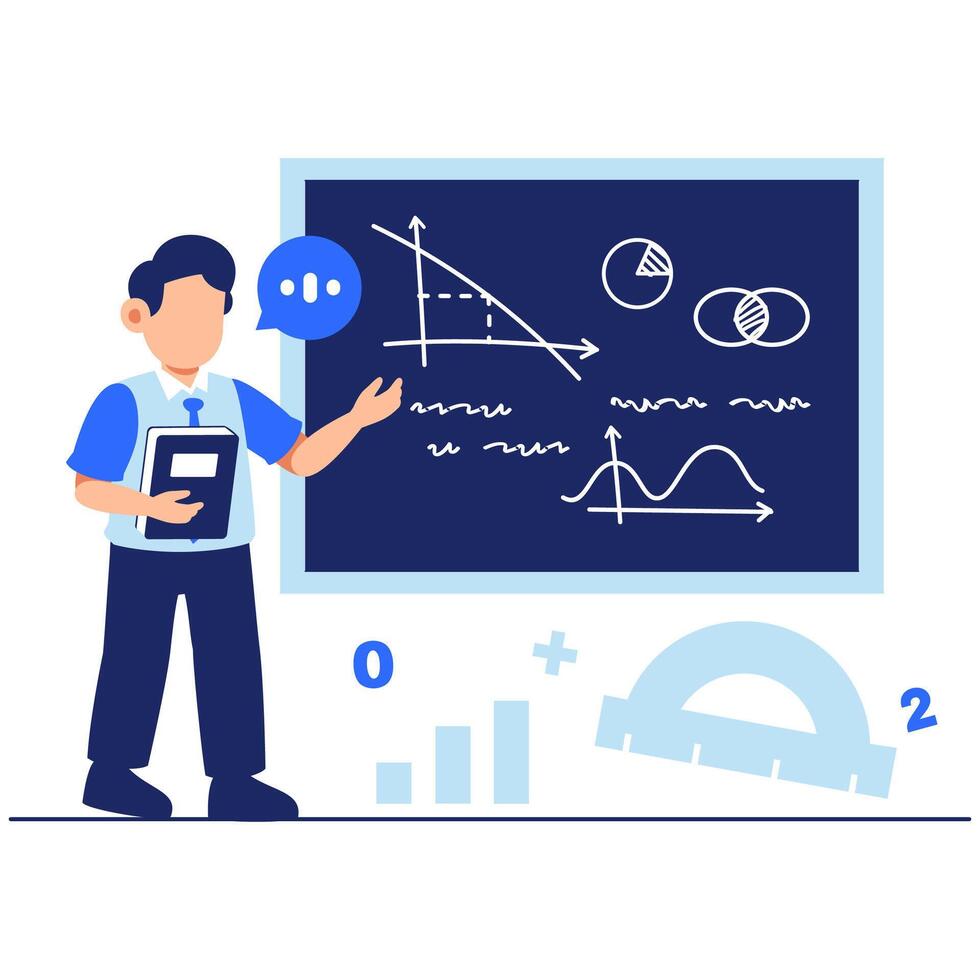 Engaging Teacher Explaining Concepts on Chalkboard with Graphs in a Modern Classroom Scene vector