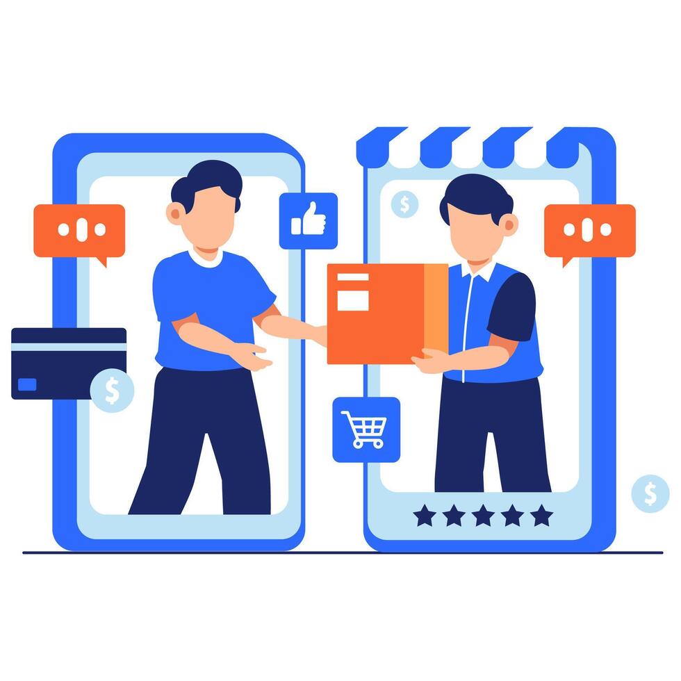 Seamless online shopping journey featuring delivery and mobile payment between connected users vector
