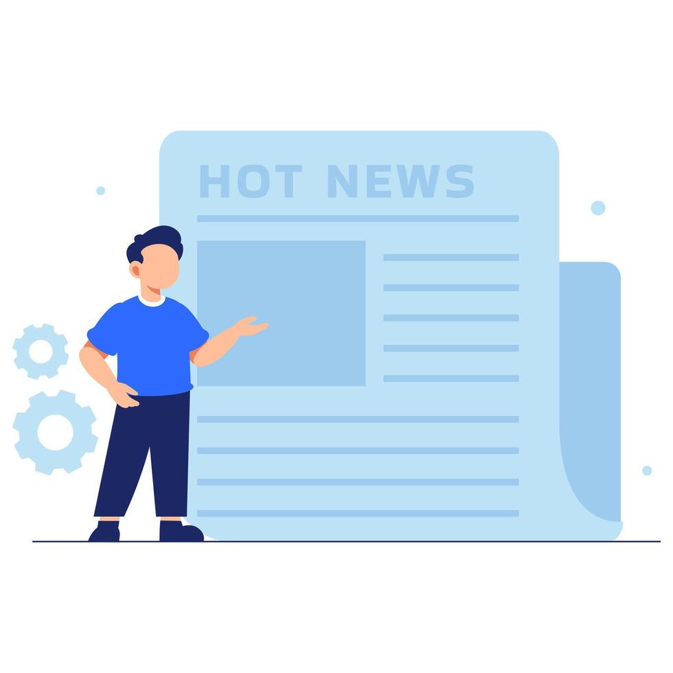 Young man presenting latest news with gear symbols highlighting communication and information flow vector