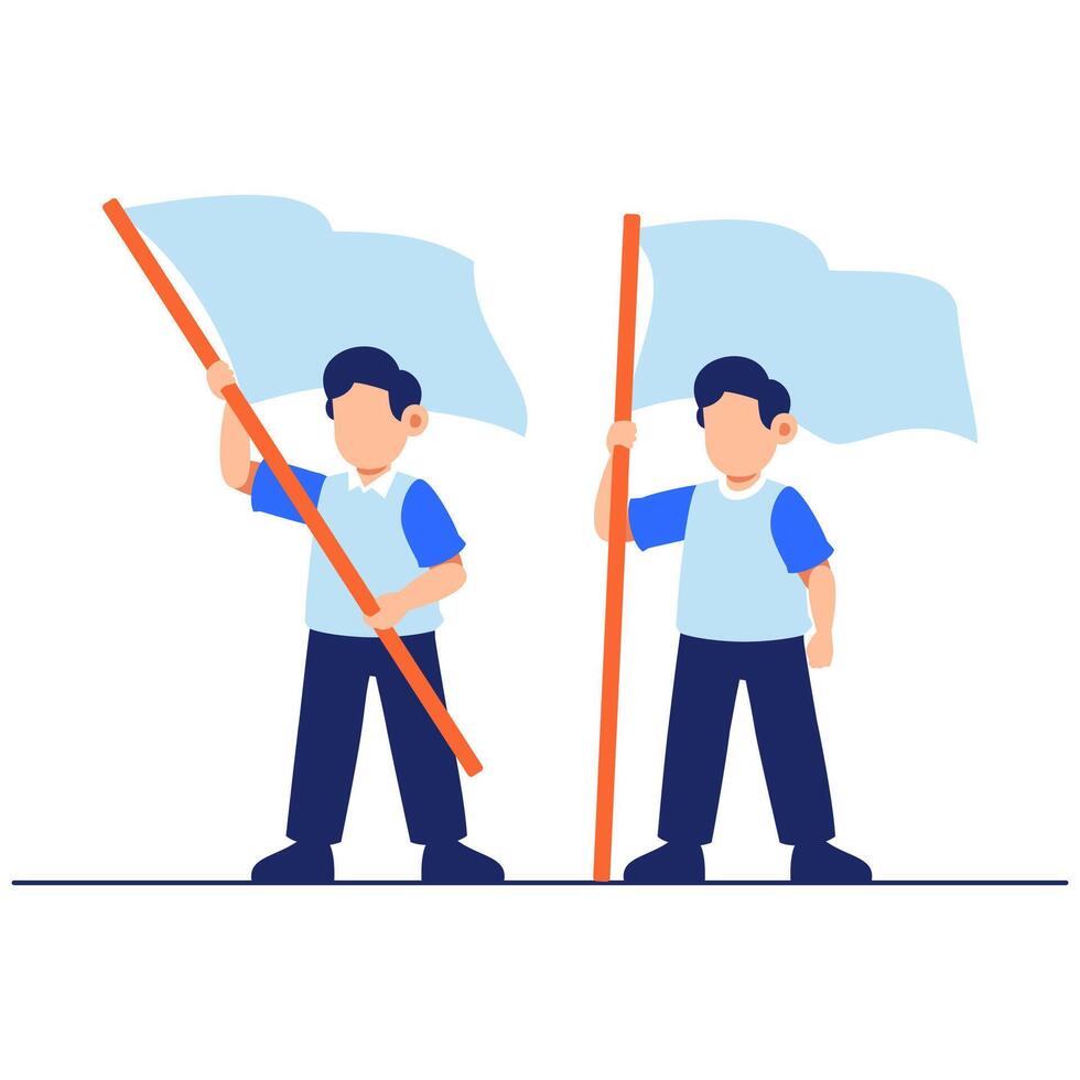 Two happy boys joyfully wave light blue flags, embodying teamwork, unity, and youthful celebration in a lively outdoor setting vector