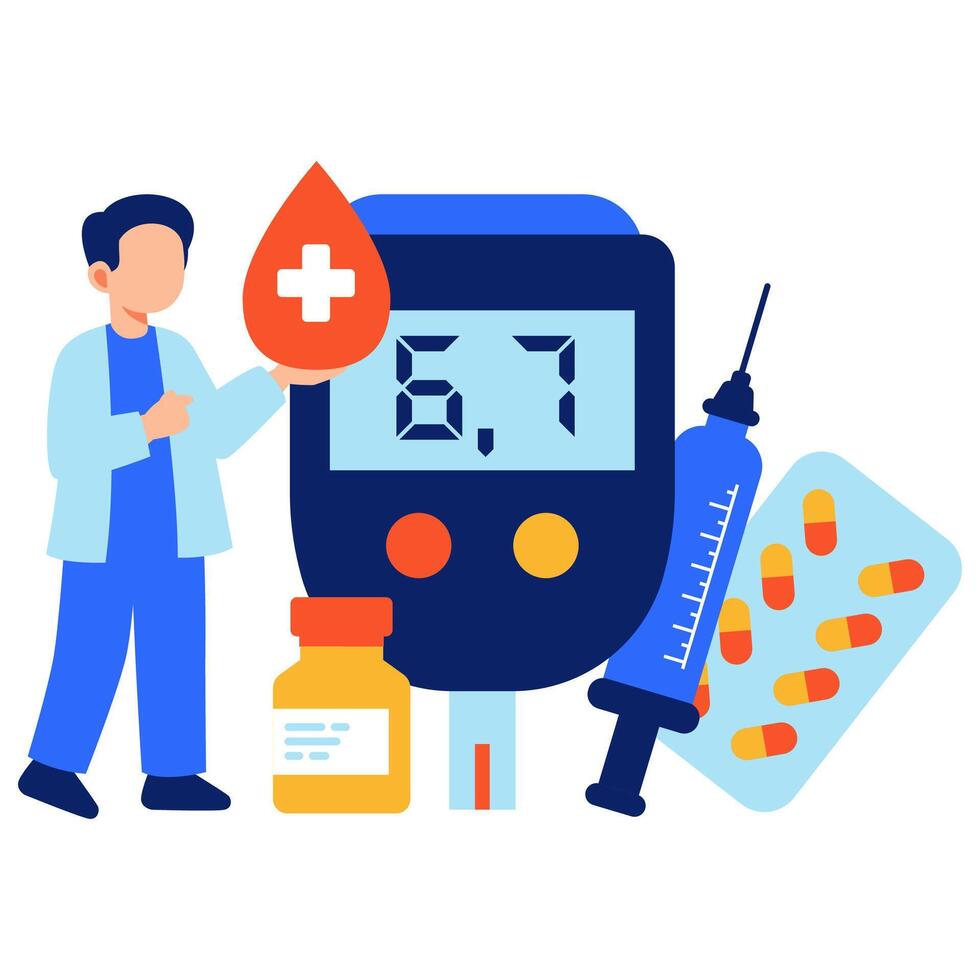 An informative illustration showing diabetes management with a blood sugar monitor, medications, and a syringe, emphasizing health and routine care vector