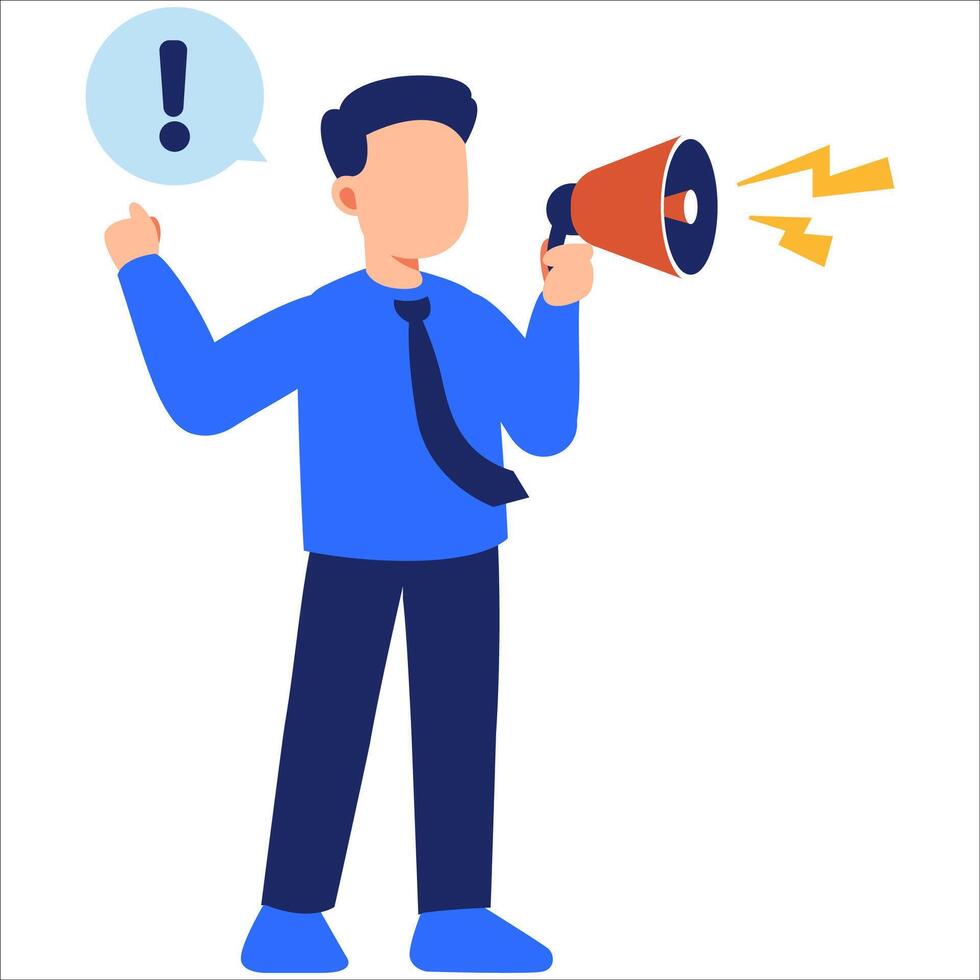 Person Using Megaphone to Announce Important Message with Exclamation Mark in a Business Context vector