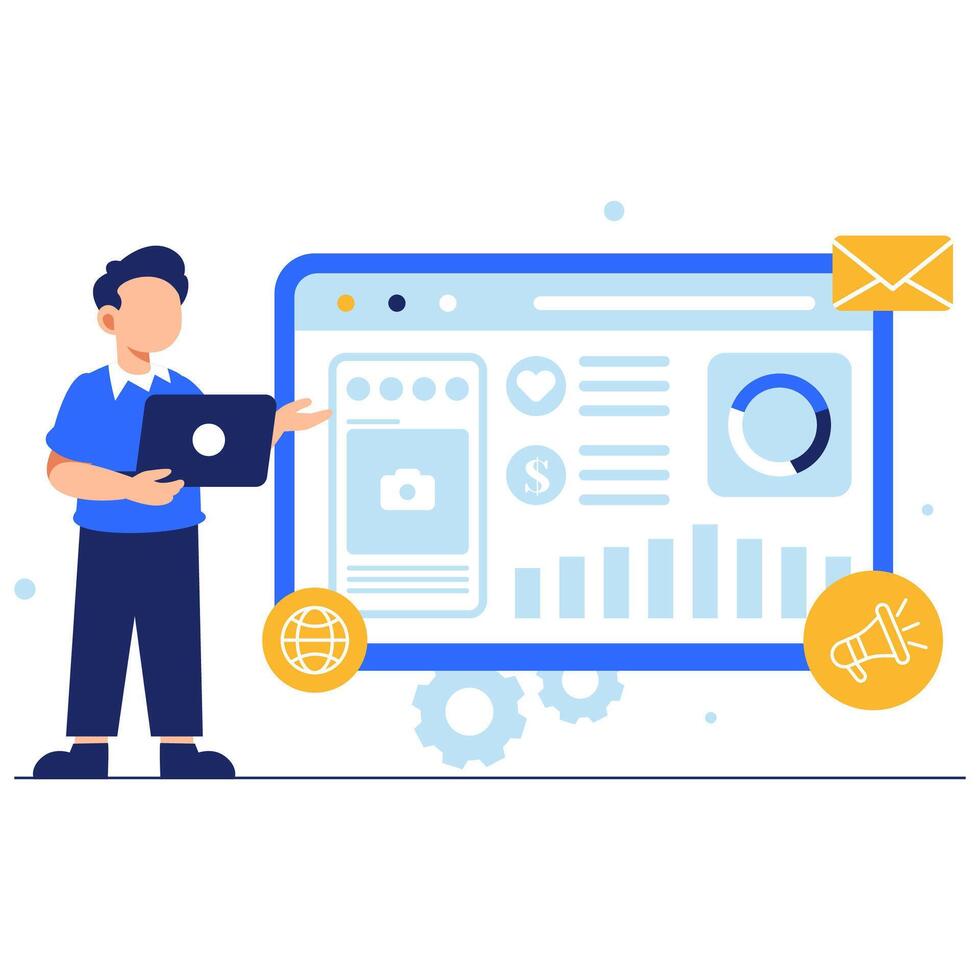 Illustration of a marketer analyzing data with digital tools, showcasing communication and visual strategies for growth vector