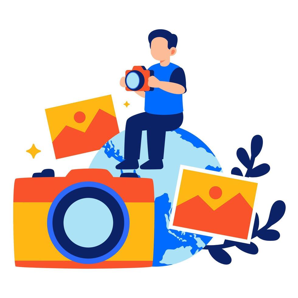 Celebrating world photography day by capturing inspiring moments with a globe and camera in a vibrant artistic composition vector