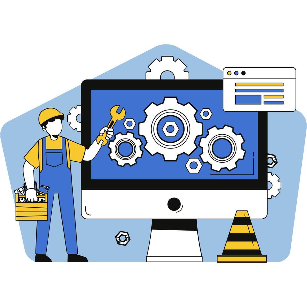 Web Maintenance Tech Support and Gear Management Concept vector