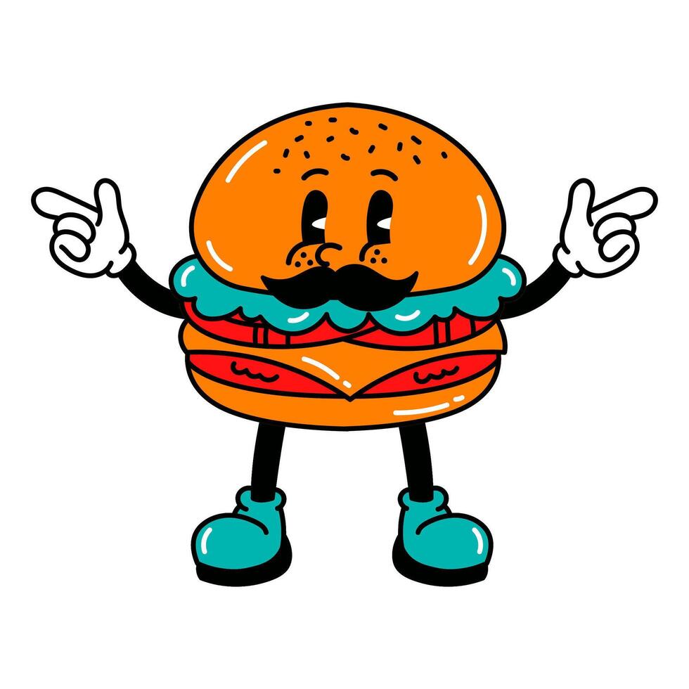 Playful Burger with Mustache and Cheerful Expression in a Whimsical Food Character Scene vector