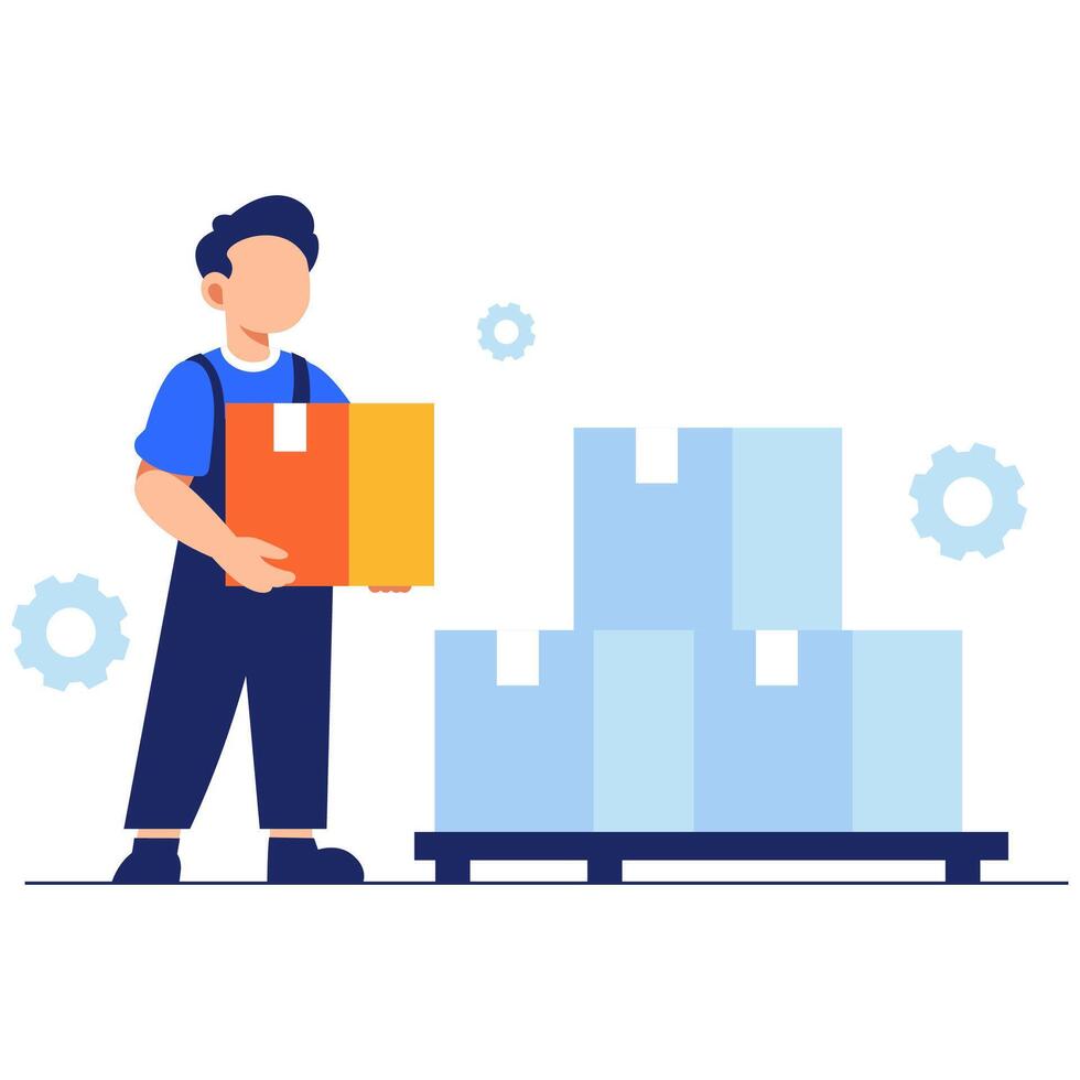 Warehouse Worker Carrying a Parcel in a Modern Logistics and Industrial Environment vector